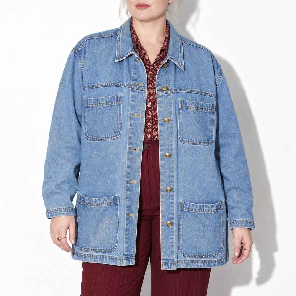 Vintage Denim Chore Coat Womens XL Medium Wash Oversized Jacket 90s Cabin Creek